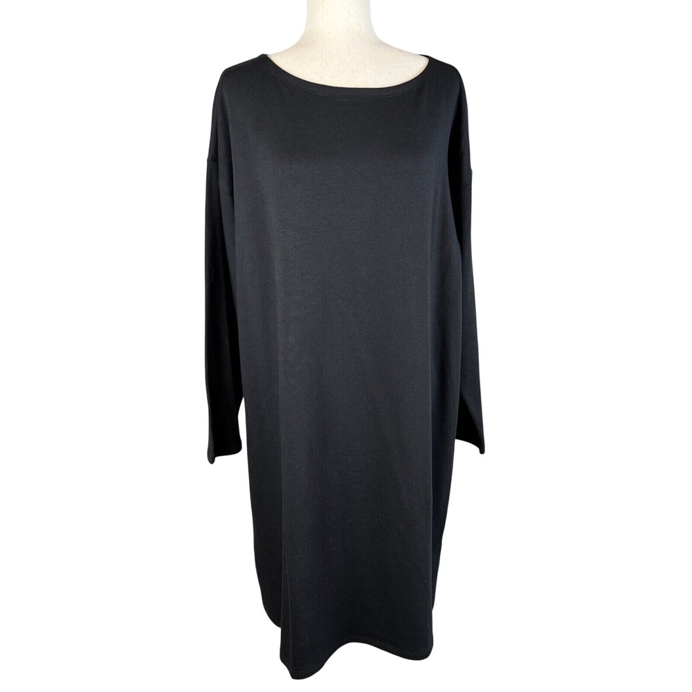 Eileen Fisher Black Knit Long Sleeve Boxy Shift Dress Size M‎ Boat Neck NWT
